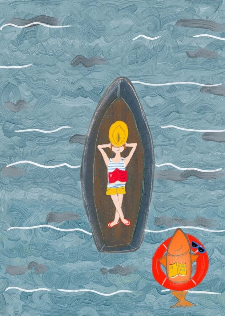 Illustratie van zonnen in bootje op zee